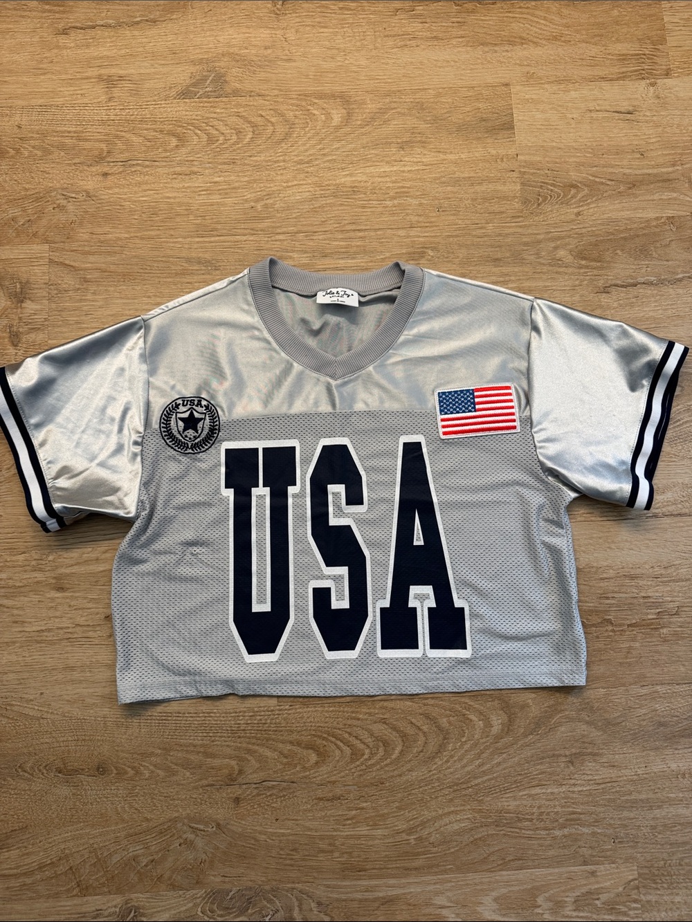 USA Graphic Crop Jersey Top - Silver/Grey